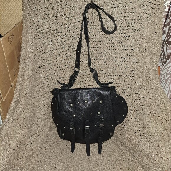 LUCKY BRAND Large Black Leather Saddlebag Studded Shoulder/XBody-Excellent - Picture 1 of 9